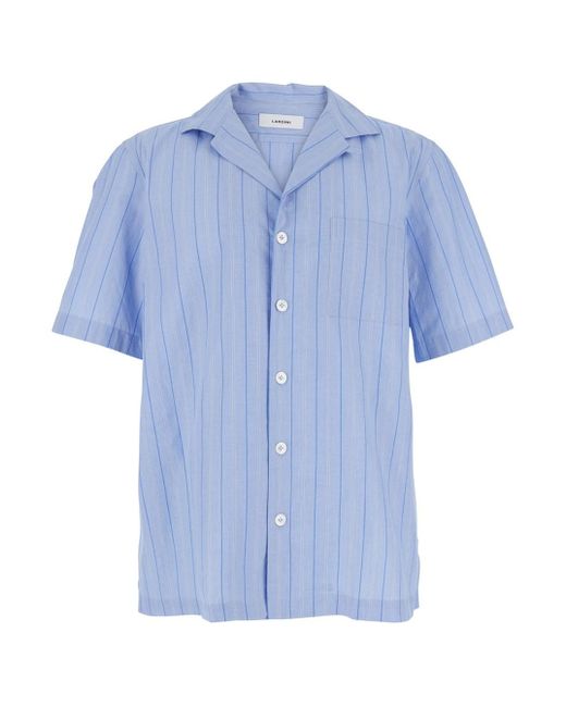 Lardini Blue Shirt With All-Over Striped Motif And Cuban Collar for men