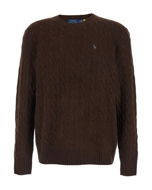 Polo Ralph Lauren Brown Cable Knit Crewneck Sweater With Pony Embroide for men