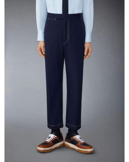 Thom Browne Blue Straight Pants With Contrasting Stitching for men