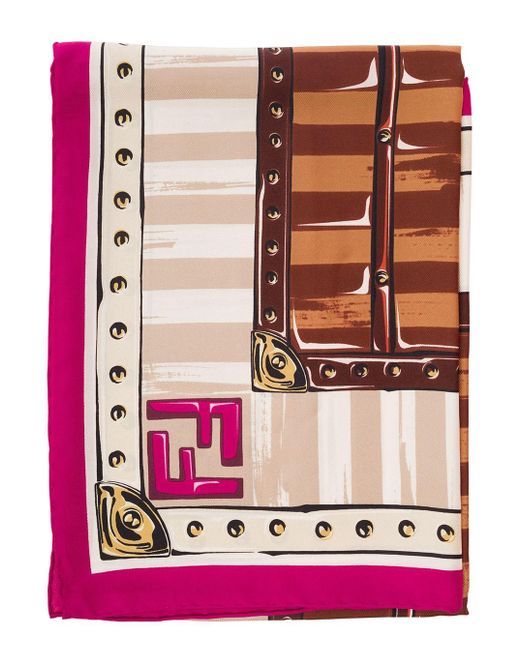 Fendi Pink Scarf With Iconic Bags Print In Silk