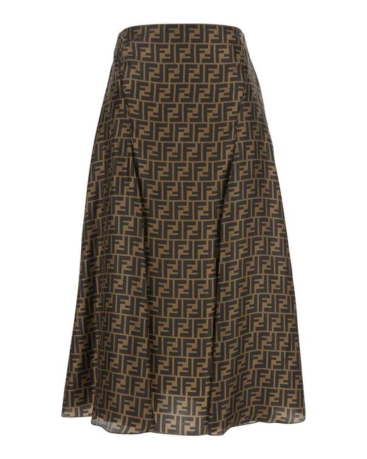 Fendi Brown Flared Midi Skirt With All-Over Ff Motif
