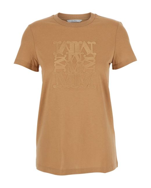 Max Mara Natural 'Bravo' Crewneck T-Shirt With Logo Embroidery On The Front