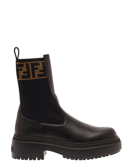 Fendi Black Biker Boots With Ff Motif In Leather And Stretch Jersey