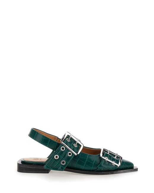Ganni Green Feminine Buckle Ballerinas