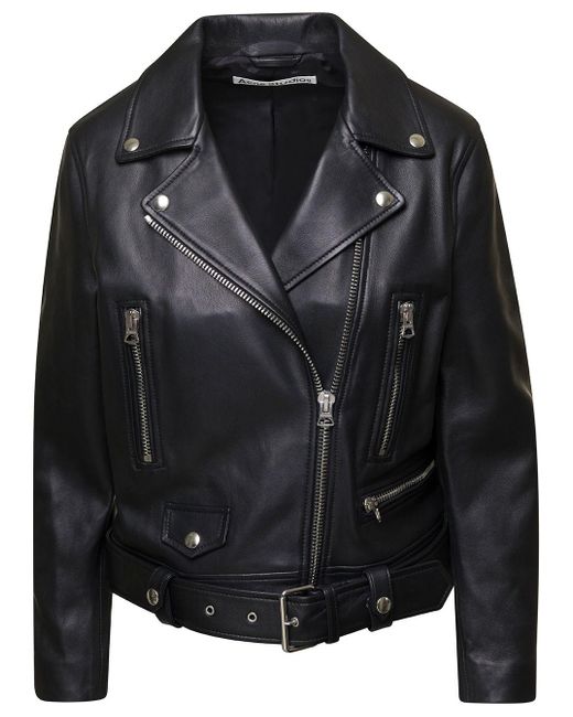 Acne Black Biker Jacket With Adjustable Belt In Leather