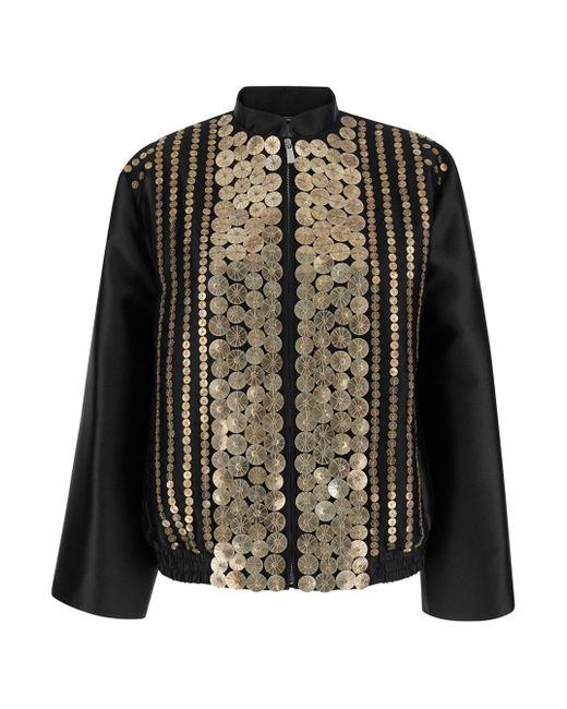 Alberta Ferretti Black Bomber Jacket With Embroideries And Golden Detail