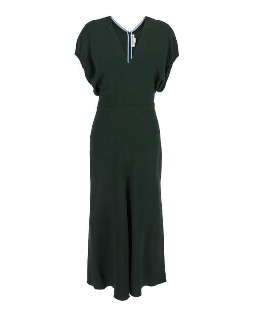 Abito Midi Con Maniche Corte Con Ruches E Scollo A V di Victoria Beckham in Green