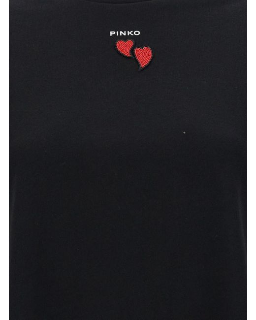 Pinko Black Crewneck T-Shirt With Logo And Heart Embroidery