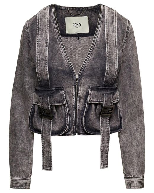 Fendi Gray Black Cropped Jacket With Oversized Pockets With Ff Baguette Buckles In Cotton Denim Woman