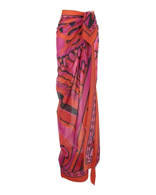 Emilio Pucci Red Fuchsia Sarong Skirt With All-Over Geometric Print