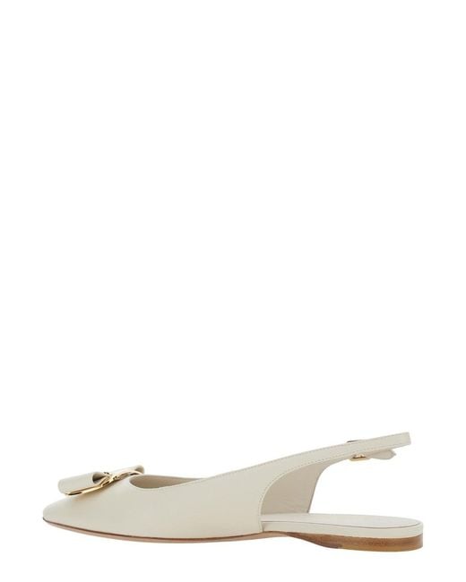 Ferragamo White 'Zelmi' Slingback Ballet Shoes With Logo Plate On The Front