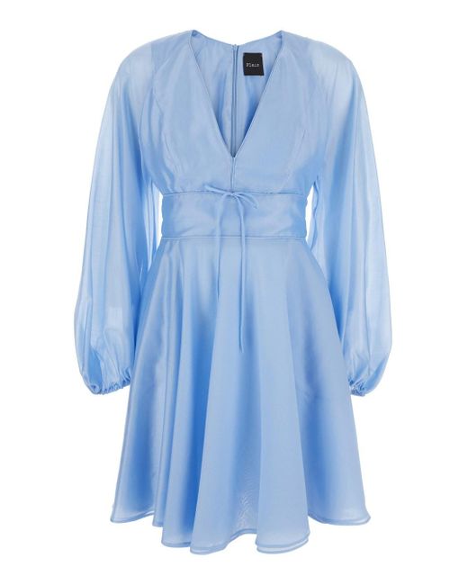 Plain Blue Dress With V-Neck And Flared Skirt