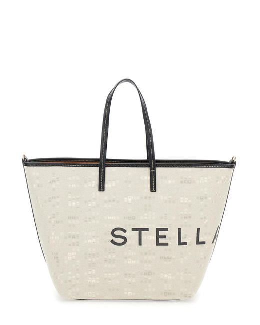 Stella McCartney Natural White Tote Bag With Contrasting Logo Lettering In Cotton Blend Woman