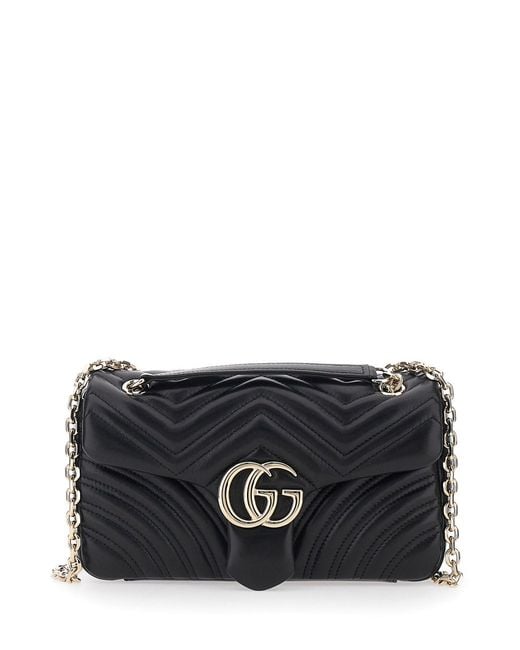 Gucci Black Gg Marmont Shoulder Bag With Sliding Chain Strap And Gg Pl