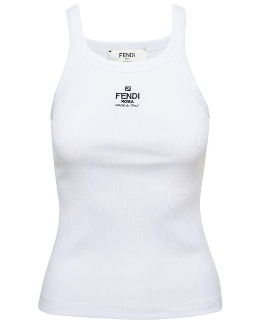 Fendi White Ribbed Tank Top With Contrasting Logo Embroidery In Stretch Cotton Woman