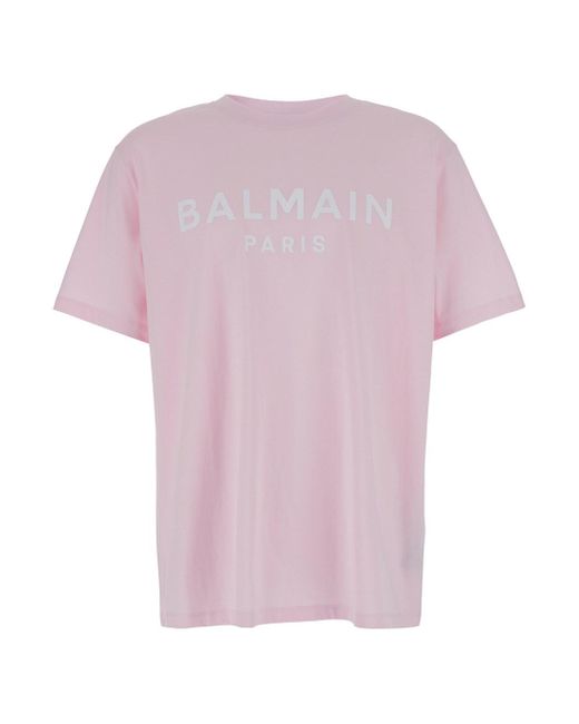 T-Shirt Girocollo Con Stampa Logo di Balmain in Pink da Uomo