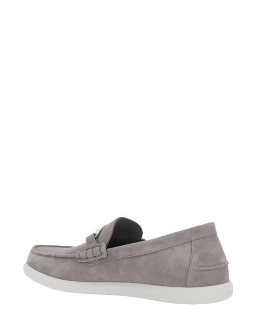 Fendi Gray Loafers With Ff Metal Buckle And Contrasting Sole for men