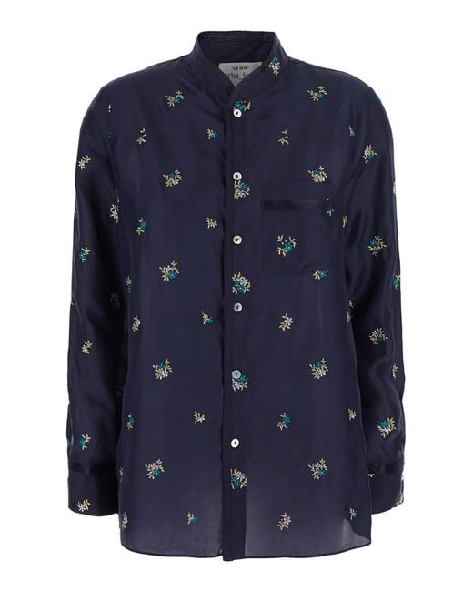 Forte_forte Blue Shirt With Mandarin Collar And All-Over Floral Embroi