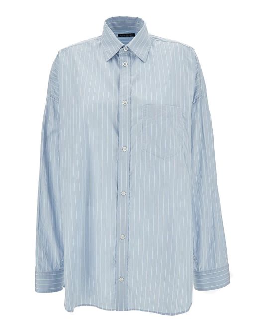 Balenciaga Blue Oversized Light E Striped Shirt With Logo Print In Cotton