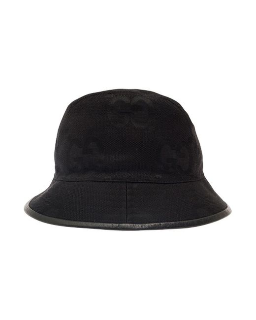 Gucci Black Bucket Hat With Leather Trimmings In gg Jumbo Canvas Man for men