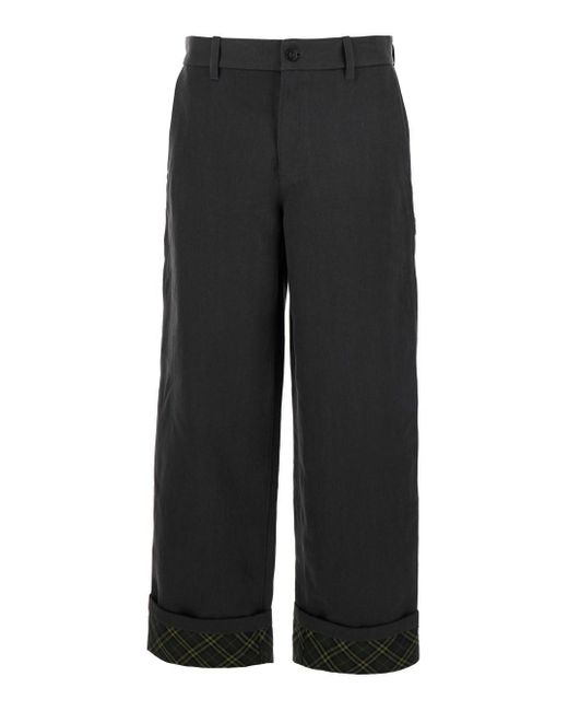 Burberry Black Pants With Logo Embroidery On The Side And Turn-Up Chec for men