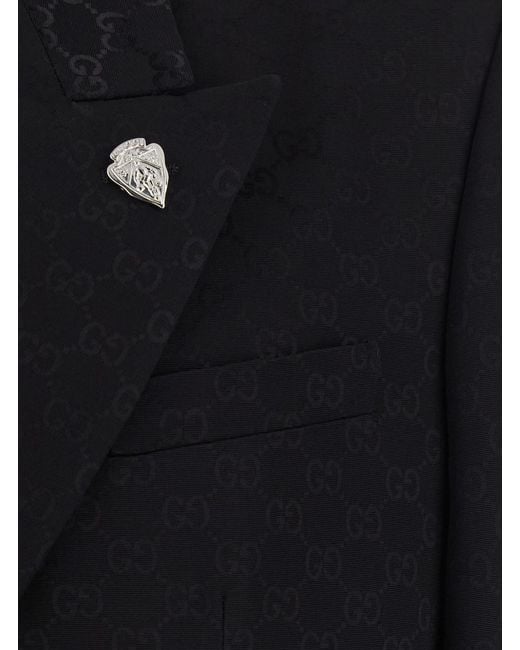 Gucci Blue Double-Breasted Jacket With Peak Revers And Gg Motif for men