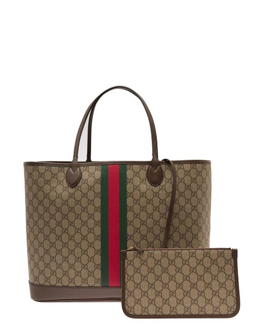 Gucci Brown Beige And Ebony Tote Bag With Removable Pouch In gg Supreme Canvas Man for men
