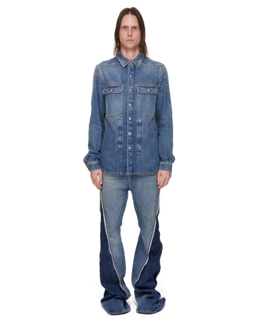 Rick Owens Blue Shirt With Classic Collar And Applied Chest Pockets for men