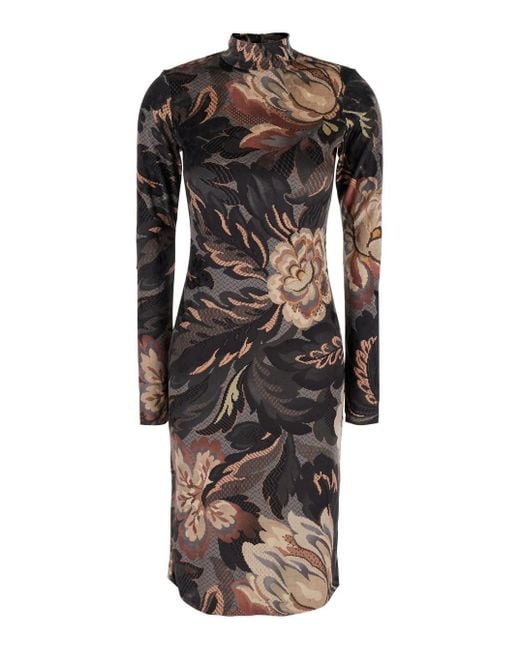 Etro Black Velvet Jacquard Midi Dress