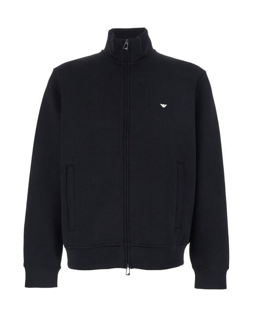 Emporio Armani Blue High Neck Sweatshirt With Logo Embroidery On The Front for men