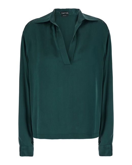 Tom Ford Green Shirt With Wide Collar And V-Neck