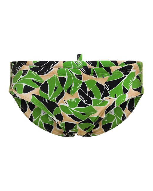 DSquared² Green Swim Briefs With All-over Graphic Print In Polyamide for men