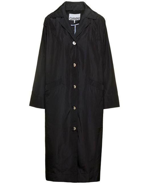 Ganni Black 'Summer' Long Single-Breasted Trench Coat With Buttons And