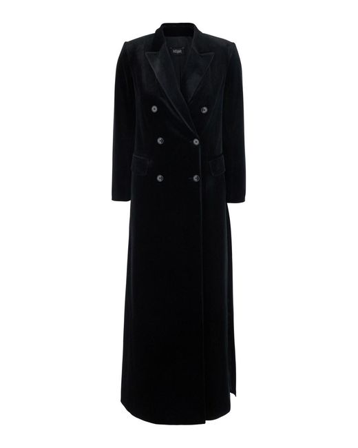 Le Plain Black Long Double-Breasted Coat With Peak Revers