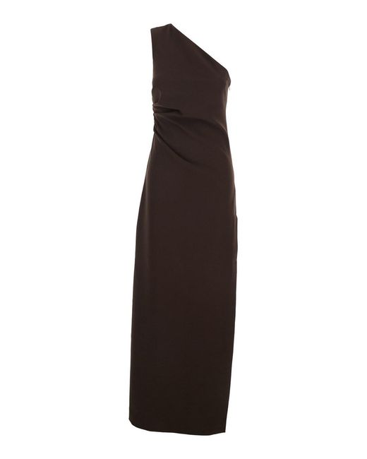 P.A.R.O.S.H. Brown One-Shoulder Long Dress With Asymmetric Neckline And Concealed Side Zip Closure