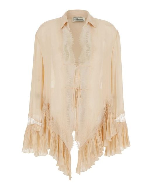 Blumarine Natural Blouse With Pointed Collar And All-Over Lace Embellishment