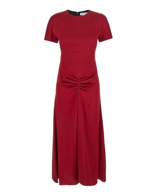 Victoria Beckham Crewneck Midi Dress With Gathered Waist And Rear Zip Closure