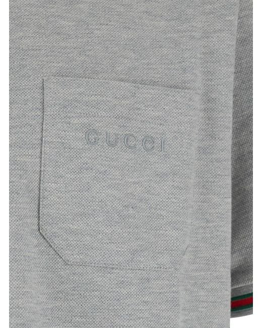 Gucci Gray Mélange Cotton Piquet Polo Shirt With Embroidery for men