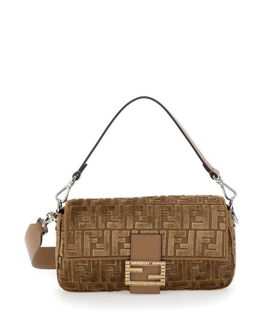Borsa A Spalla 'Baguette' Media Con Motivo Ff All-Over E Placca di Fendi in Metallic