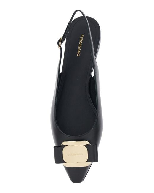 Ferragamo Black 'Zelmi' Slingback Ballet Shoes With Logo Plaque On The Front