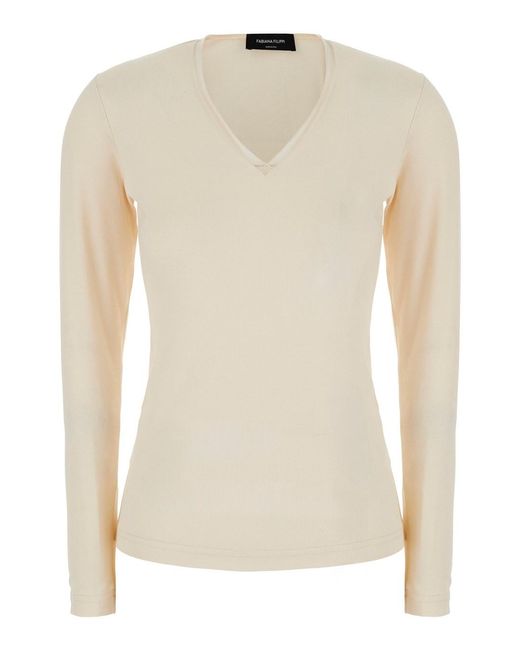 Fabiana Filippi Natural Sweater With Round Neck, Long Sleeves
