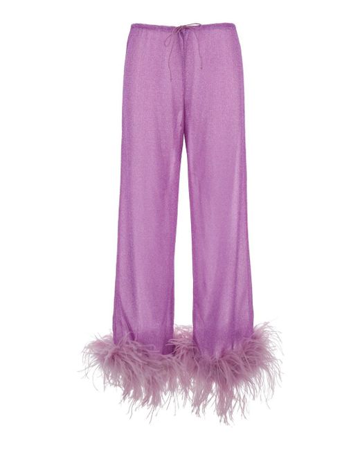 Oseree Purple 'Lumière Plumage' Pants With Feathers And Drawstring In