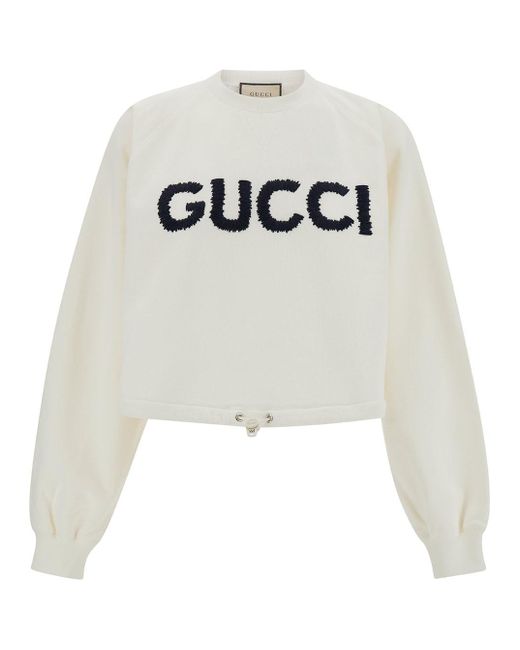 Gucci White Cropped Crewneck Sweatshirt With Logo Print