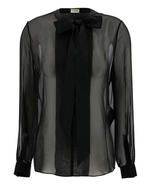 Camicia con fiocco in seta nera di Saint Laurent in Black