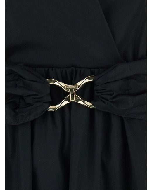 Twinset Black Long Dress Sleeveless With V-Neck And Belt With Metal Bu