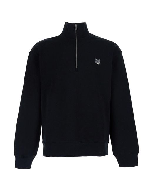 Maison Kitsuné Blue Sweatshirt Fox Head Comfort Half-Zip Cotton for men