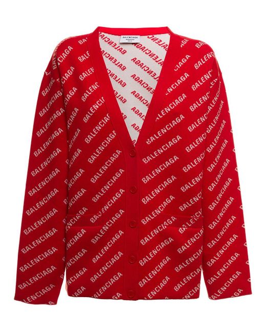 Balenciaga Woman's Cotton Blend Cardigan With Allover Logo Print in Red ...