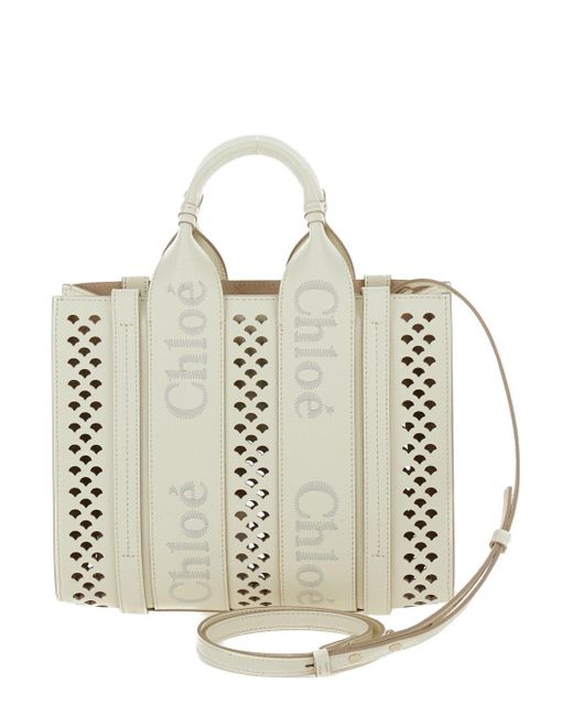 Chloé White 'Piccola Woody' Tote Bag With Perforated Edges And Logo In