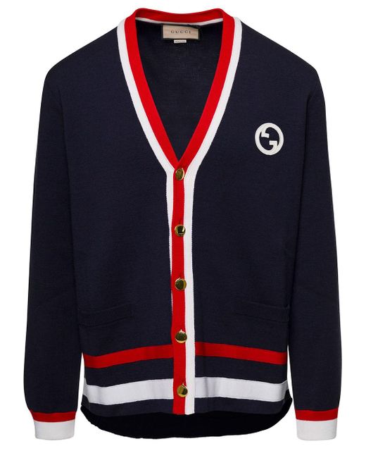 Gucci Blue Cardigan With Interlocking G Patch And Contrasting Trim In for men