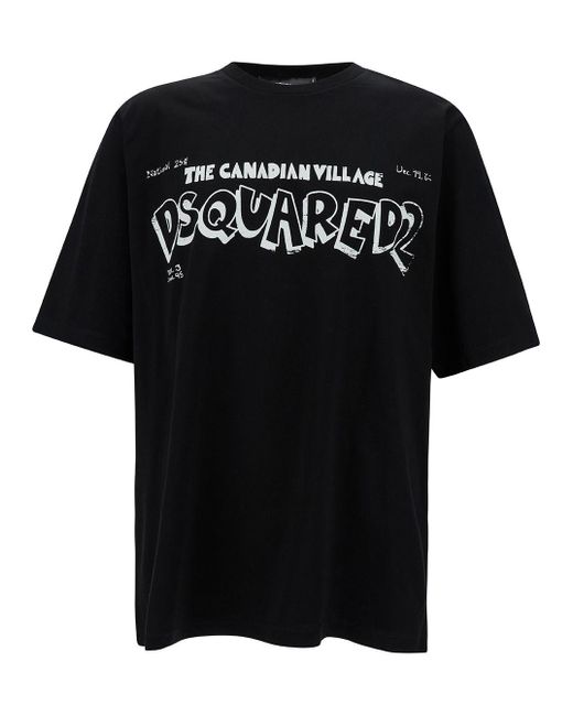 DSquared² Black Crewneck T-Shirt With Canadian Village Print for men